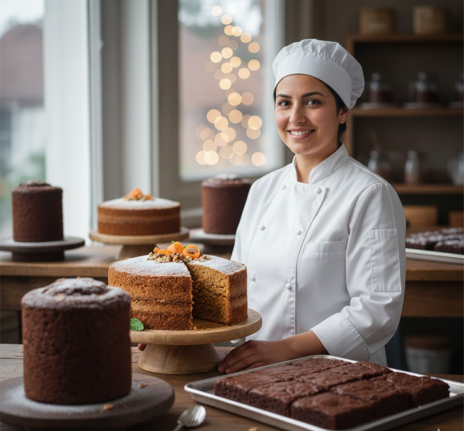 Repostera de Dulzura Artesanal preparando tortas saludables y sin azúcar en Cali