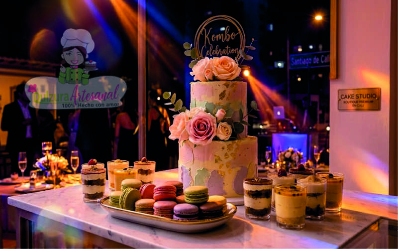 Mesa dulce de lujo con torta de autor, macarons premium y shots artesanales en Cali