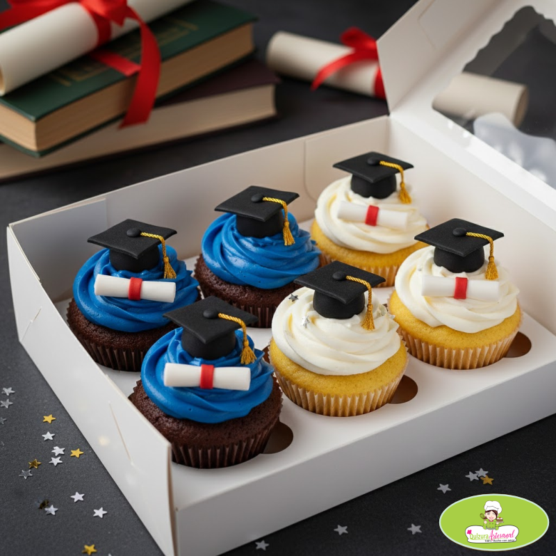 Cupcakes temáticos para grados en Cali con birretes y diplomas modelados en fondant